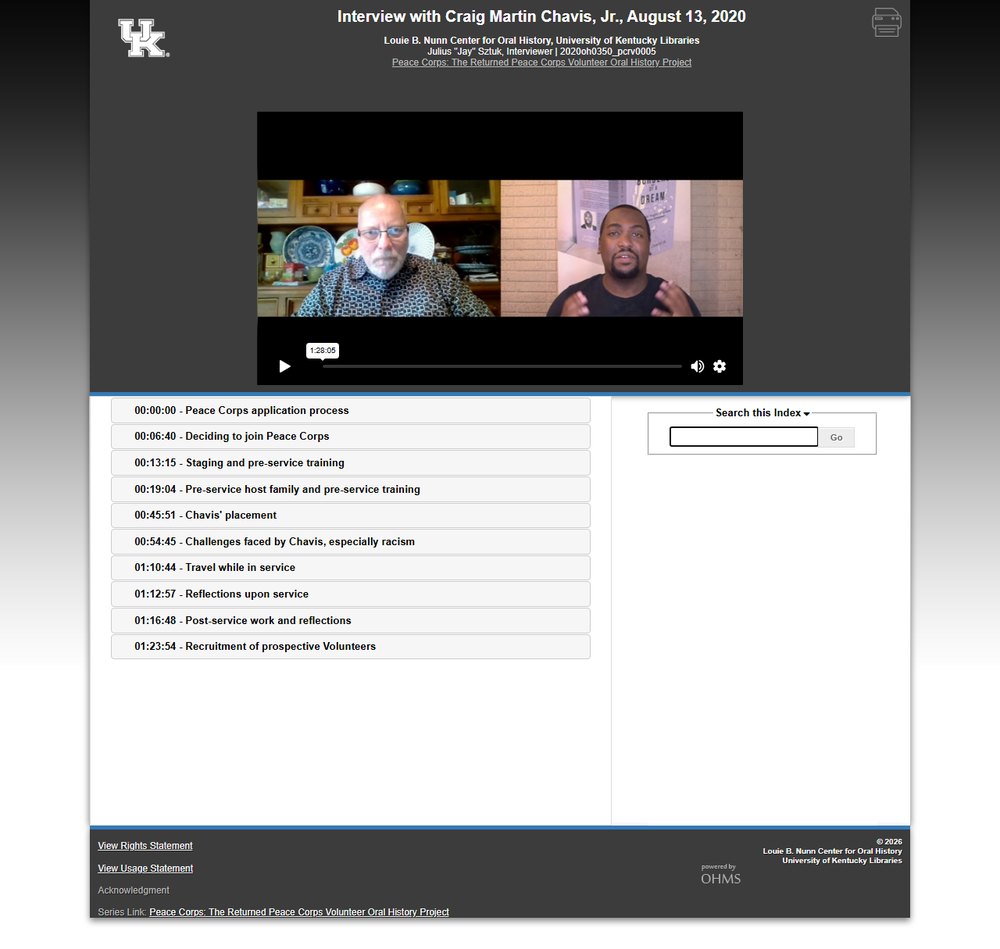 Screenshot of an indexed Peace Corps oral history interview in the Nunn Center OHMS viewer, showing the video player above a list of time-stamped index segments