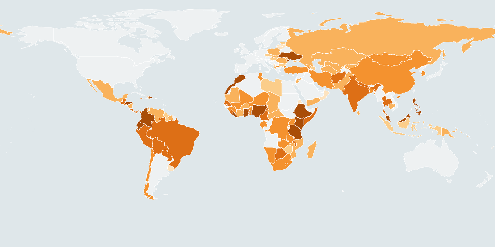 World map colored by number of Peace Corps oral history interviews per country of service